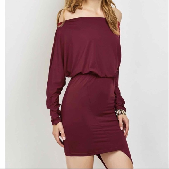 Burgundy Off Shoulder Long Sleeve Dress - Picture 2 of 4